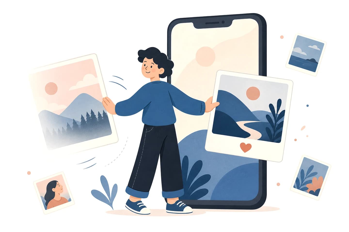 Illustration of sorting photo cards to keep or delete